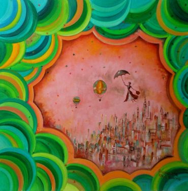 Mary Poppins flying above the city